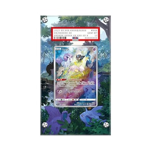 May include: A Pokemon trading card featuring a purple and pink Mew with a blue background. The card is graded by PSA and has a Gem Mint 10 rating. The card is encased in a clear plastic holder.