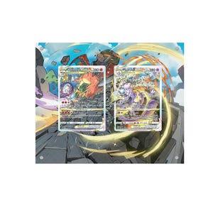 Può includere: Due carte collezionabili Pokémon con Charizard e Mewtwo. La carta Charizard mostra una creatura simile a un drago rosso e arancione, mentre la carta Mewtwo raffigura una creatura viola e bianca. Entrambe le carte hanno un punteggio di 280 HP.