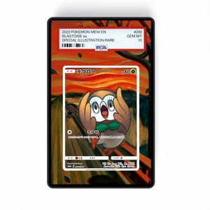 May include: A PSA graded 2023 Pokemon Mew EN Blastoise ex Special Illustration Rare trading card, graded GEM MT 10. The card features a stylized illustration of a brown and white owl-like creature with a green bowtie, mimicking a famous painting.
