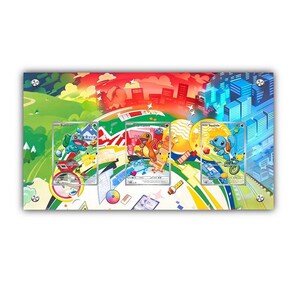 May include: A colorful artwork featuring three Pokémon trading cards: Bulbasaur, Charmander, and Squirtle. The background is a vibrant landscape with cityscapes, green hills, and a red sky. The cards are displayed on a white surface.
