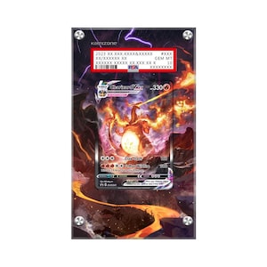 May include: A graded Pokemon trading card featuring Charizard VMAX from the Sword & Shield - Vivid Voltage set. The card is in a protective case with a PSA Gem Mint 10 rating. The card shows Charizard VMAX in a fiery pose with a red, orange, and yellow color scheme.