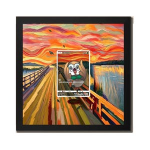 May include: A square black frame containing a print of a stylized painting of a wooden pier extending into water under a vibrant orange and red sunset sky. Centered on the print is a trading card featuring a round brown creature with large eyes.