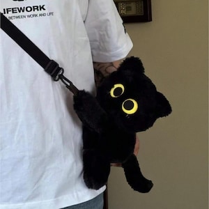 Black Plush Cat Crossbody Bag, Kawaii Animals Shoulder Bag, Gift for Cat lover