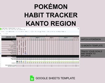 Pokémon Habit Tracker Spreadsheet - Kanto Region / 12-month Google Sheets / Instant Download Template