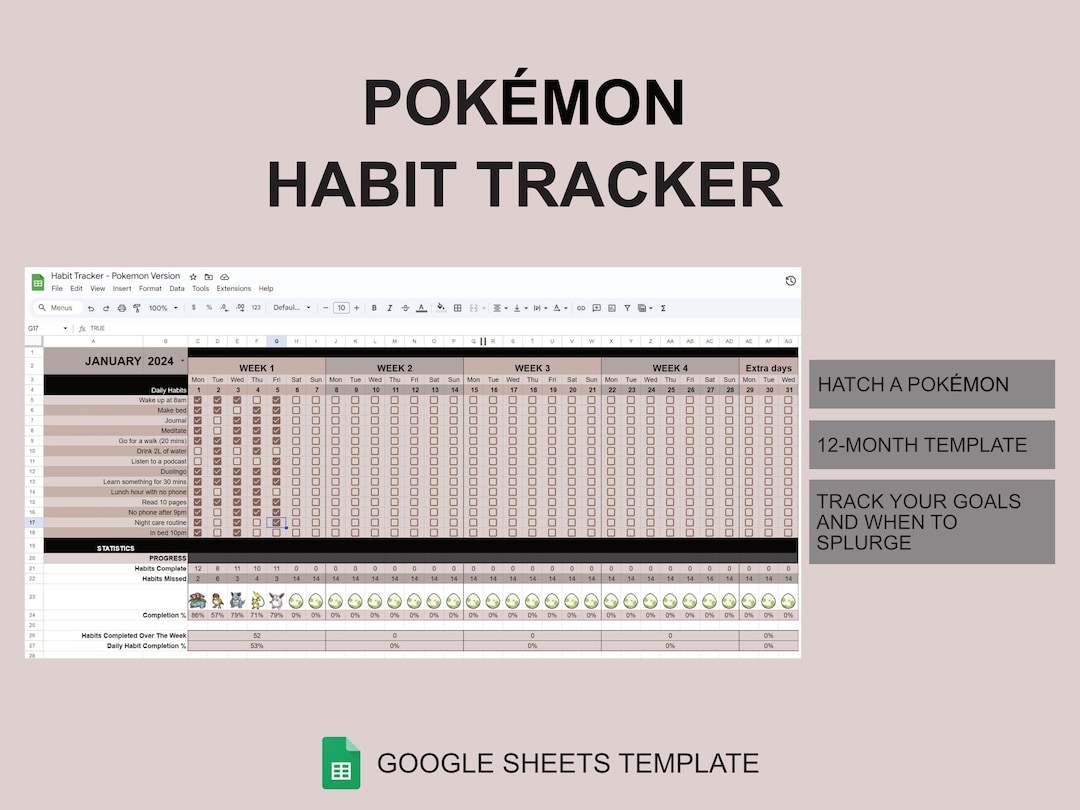 Pokémon Habit Tracker Spreadsheet / 12-month Google Sheets / - Etsy Canada