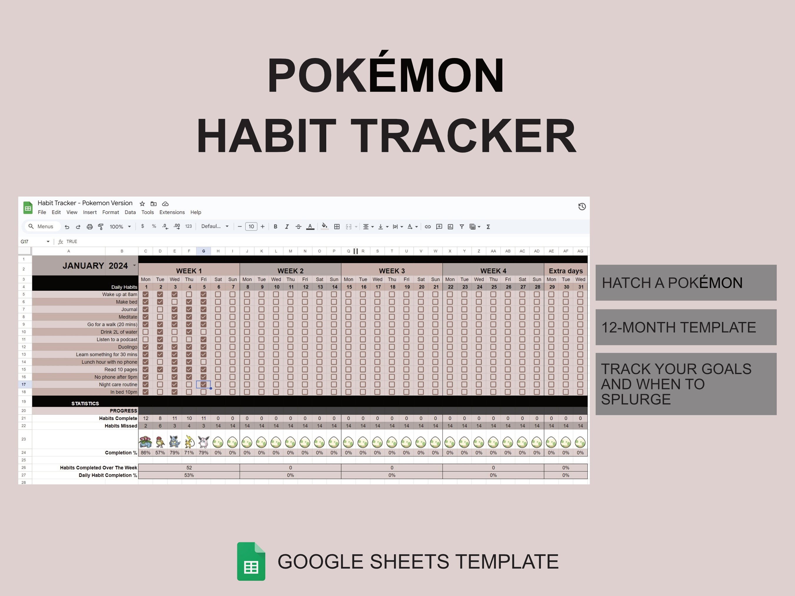 Pokémon Habit Tracker Spreadsheet / 12month Google Sheets / Etsy Canada
