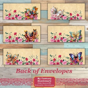 Sobres imprimibles de mariposas rosas, diario imprimible digital, adornos para correo y cartas, kit de papelería, sobres vintage