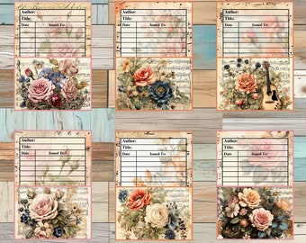 Roses Library Pocket Cards, Floral Junk Journal Ephemera (Digital Download)