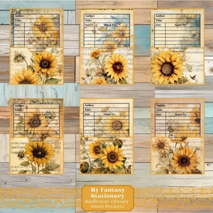 Bolsos e cartões da Sunflower Library, etiquetas de bolso carregadas, itens florais, bolsos de diário de lixo, enfeites, inserções de bolso para impressão