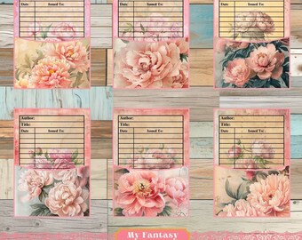 Pink Peonies Library Pocket Cards, Vintage Ephemera (Digital Download)