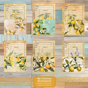 Bolsillos y tarjetas de la biblioteca de limones, etiquetas de bolsillo cargadas, efímeras de limones, bolsillos de diario basura, adornos de frutas, insertos de bolsillo imprimibles