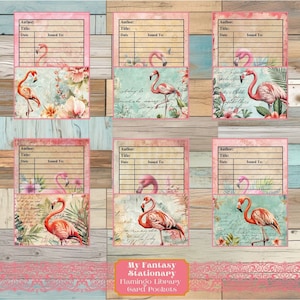 Bolsos e cartões da Flamingo Library, etiquetas de bolso carregadas, etiquetas de itens efêmeros rosa, bolsos de diário de lixo, enfeites, inserções de bolso para impressão