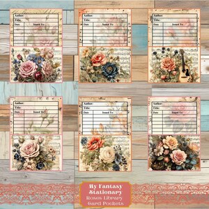 Bibliotheekzakken en kaarten rozen, geladen zaklabels, ephemera bloemen, ongewenste dagboekzakken, roosversieringen, afdrukbare inzetstukken op zak