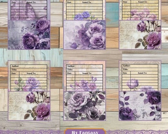 Purple Roses Library Pockets & Cards, Loaded Pocket Tags, Floral Ephemera, Junk Journal Pockets, Embellishments, Pocket Printable Inserts