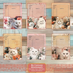 Pochettes et cartes de visite pour bibliothèque chat persan, étiquettes de poche chargées, éphémères chat, pochettes pour journaux indésirables, embellissements de chat, encarts imprimables de poche