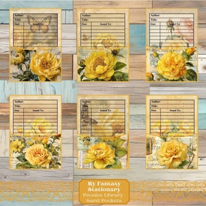 Bolsos e cartões de biblioteca Yellow Peonies, etiquetas de bolso carregadas, itens florais, bolsos de diário de lixo, enfeites, inserções de bolso para impressão