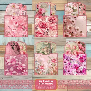 Rosa Blumen Taschen und Tags, Junk Journal Ephemera, geladene Tasche Tags, druckbare Ephemera, Scrapbook Zubehör, Journal Pocket