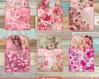 Pink Flowers Printable Pockets and Tags, Junk Journal Ephemera (Digital Download)
