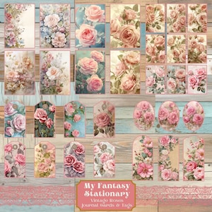 Vintage Roses Junk Journal Ephemera Cards and Tags, Printable Ephemera, Floral Printable Ephemera, Paper Craft, Junk Journal Embellishment