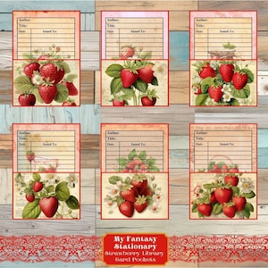 Pochettes pour bibliothèque et cartes aux fraises, étiquettes de poche chargées, éphémères fraises, pochettes pour journaux indésirables, embellissements, intercalaires imprimables de poche