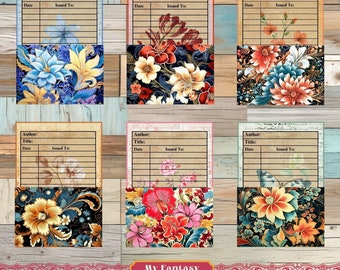 Vintage Floral Library Card Pockets, Junk Journal Ephemera (Digital Download)