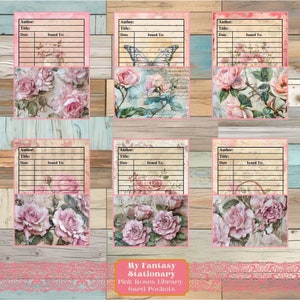 Roze rozen bibliotheekzakken en -kaarten, geladen zaklabels, ephemera bloemen, ongewenste dagboekzakken, roosversieringen, afdrukbare inlegvellen op zak