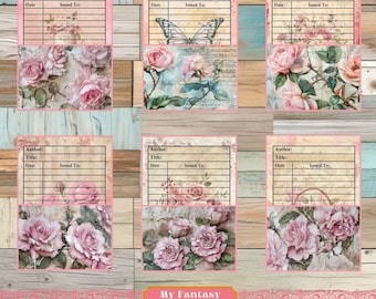 Pink Roses Library Pockets and Cards, Vintage Ephemera (Digital Download)