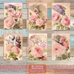 Tasche e tag stampabili con rose rosa, materiale effimero per diario spazzatura, tag tascabili caricati, materiale effimero stampabile, forniture per scrapbooking, tasche per diario