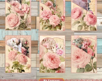 Pink Roses Printable Pockets and Tags, Loaded Pocket Tags, Junk Journal Ephemera (PDF Files)