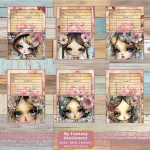 Pochettes et cartes de bibliothèque pour filles bohèmes, étiquettes de poche chargées, éphémères vintage, pochettes pour journaux indésirables, embellissements vintage, poches imprimables