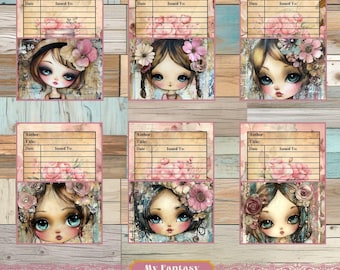 Boho Girls Library Pockets and Cards, Vintage Printable (Digital Download)