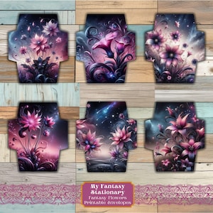 Sobres imprimibles con flores de fantasía, diario basura imprimible digitalmente, adornos para correo y cartas, kit de papelería de regalo, sobres florales
