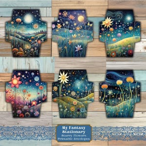 Sobres imprimibles con flores estrelladas, diario basura imprimible digitalmente, adornos para correo y cartas, kit de papelería de regalo, sobres florales