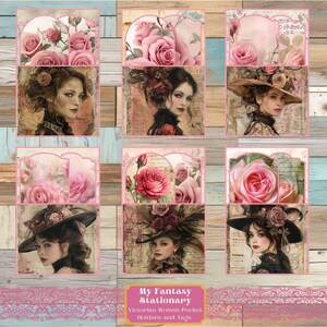 Victorian Women Printable Pockets and Tags, Junk Journal Ephemera, Loaded Pocket Tag, Printable Ephemera, Scrapbook Supplies, Journal Pocket