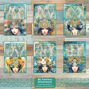 Peacock Women Library Pockets & Cards, Loaded Pocket Tag, Floral Ephemera, Floral Journal Pockets, Embellishments, Pocket Printable Inserts