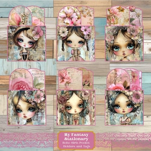 Pochettes et étiquettes imprimables filles bohèmes, articles éphémères de journal indésirable, étiquettes de poche chargées, éphémères imprimables, fournitures de scrapbooking, pochettes de journal