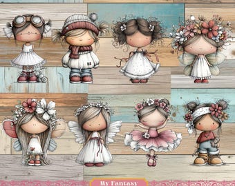 Whimsical Paper Dolls, Ephemera Cutouts, Scrapbooking Clipart (Digital Download)