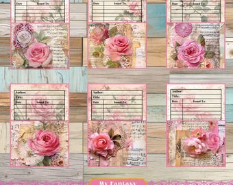 Pink Roses Library Pocket Cards, Floral Ephemera (Digital Download)