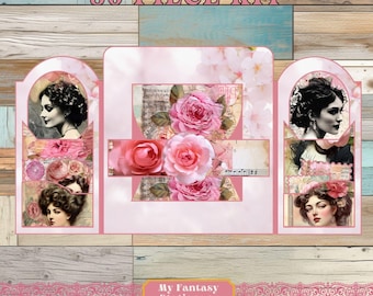 Kit imprimible de scrapbooking con diseño de rosas rosas (descarga digital)