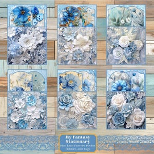 Blaue Spitze Blumen Druckbare Tasche & Tags, Junk Journal Ephemera, geladene Tasche Tags, druckbare Ephemera, Scrapbook Zubehör, Journal Pocket