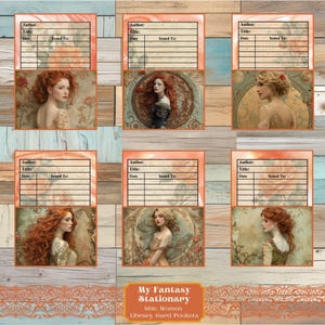 Schicke Frauen Bibliothek Kartenhalter, geladene Taschenanhänger, Vintage Ephemera, Junk-Journal Taschen, Vintage Verzierungen, bedruckbare Taschen