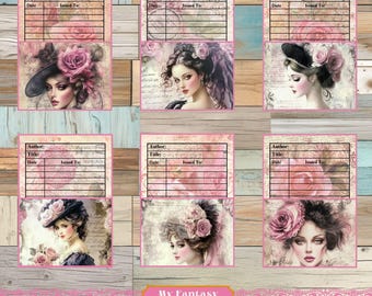 Pink Rose Ephemera, Women Library Pockets & Cards (Digital Download)