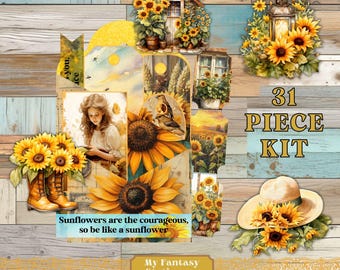 Sunflowers Junk Journal Ephemera, Printable Pockets and Tags (PDF Files)