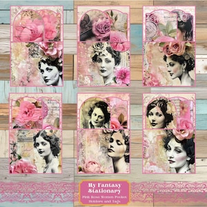 Rosa Rose Frauen Taschen und Tags, Junk-Journal Ephemera, geladen Tasche Tag, druckbare Ephemera, Scrapbook Zubehör, Journal Pocket