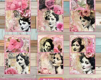 Pink Rose Women Printable Pockets and Tags, Junk Journal Ephemera (Digital Download)