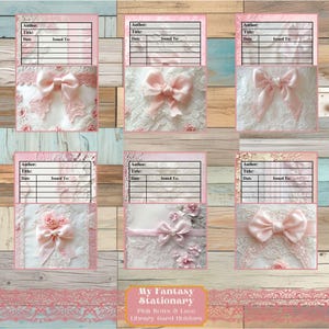 Roze strikken en kant Bibliotheekzakken en -kaarten, gevulde zakken, vintage ephemera, ongewenste dagboekzakken, vintage versieringen, afdrukbare zak