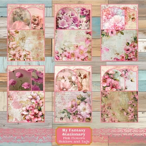 Rosa Blumen Druckbare Taschen und Tags, Junk Journal Ephemera, geladener Taschenanhänger, druckbare Ephemera, Scrapbook Zubehör, Journaltaschen