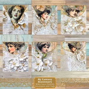Weiße Blumen Junk Journal Tags & Mini Umschläge, Vintage Ephemera, Papiermodelle, Junk Journal Kit Extras, Scrapbook Verzierungen