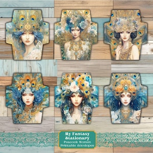 Sobres imprimibles con forma de pavo real para mujeres, diario basura imprimible digitalmente, adornos para cartas y correo, kit de papelería para regalo, sobres florales