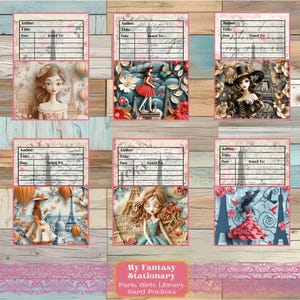 Bolsillos y tarjetas de la biblioteca Paris Girls, etiquetas de bolsillo cargadas, efímeras vintage, bolsillos de diario basura, adornos vintage, bolsillos imprimibles